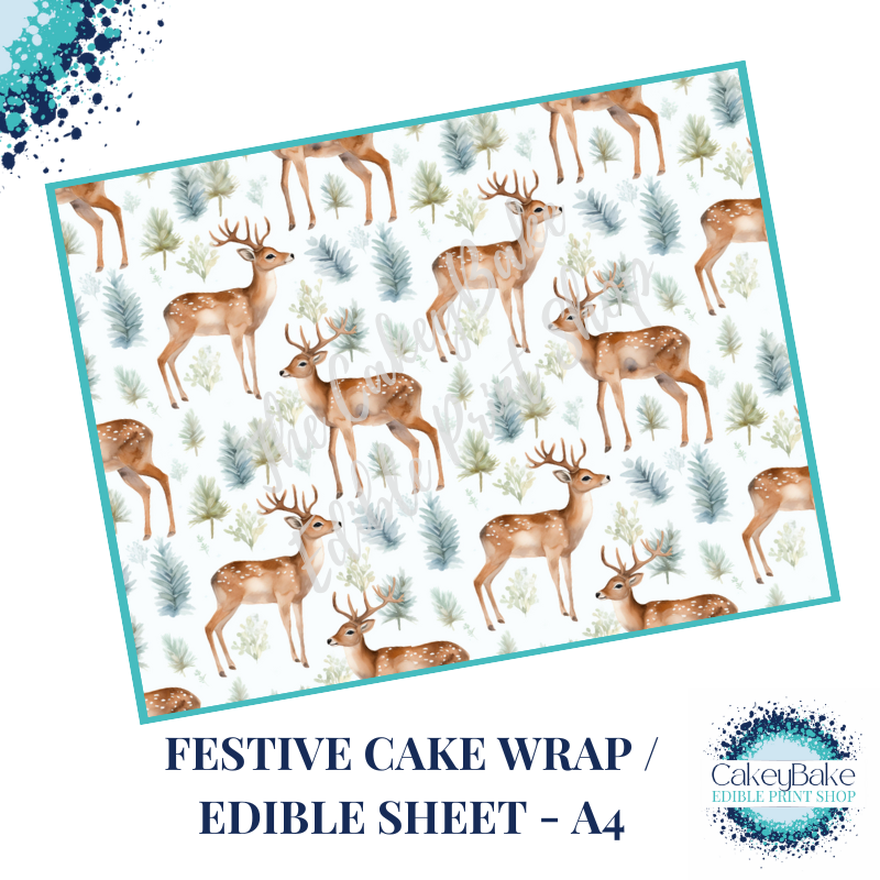 Christmas Festive Edible Cake Wrap - Blue Green Deer design