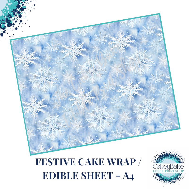 Christmas Festive Edible Cake Wrap - Icy Blue Snowflake design