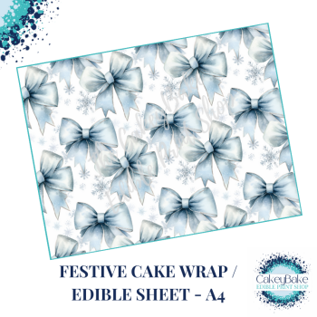 Christmas Festive Edible Cake Wrap - Icy Blue Bows and Snowflakes design