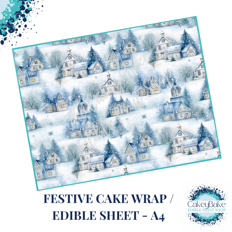 Christmas Festive Edible Cake Wrap - Blue winter village design