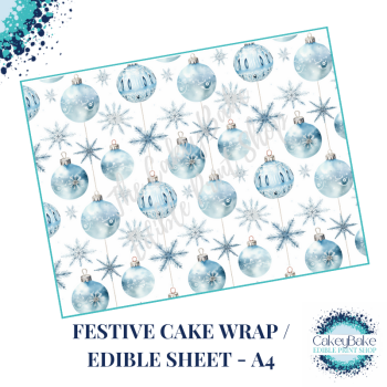 Christmas Festive Edible Cake Wrap - Blue and White Baubles design