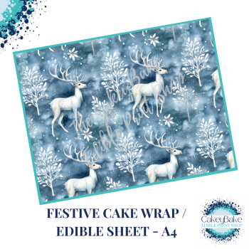 Christmas Festive Edible Cake Wrap - Blue and White Woodland Deer / Reindeer design