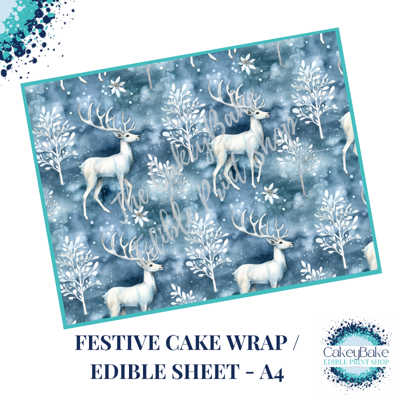 Christmas Festive Edible Cake Wrap - Blue and White Woodland Deer / Reindee