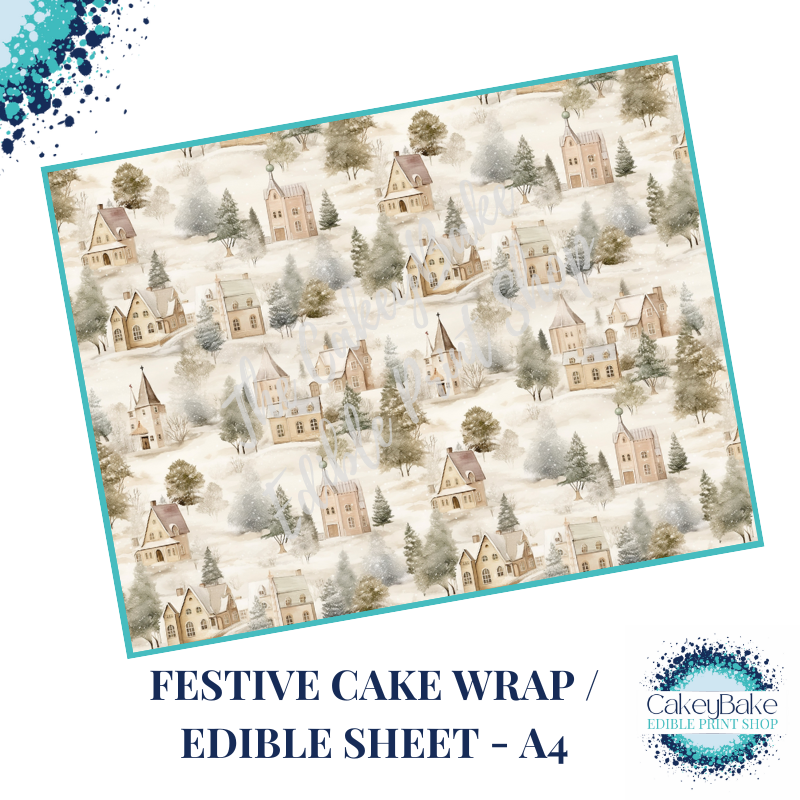 Christmas Festive Edible Cake Wrap - winter village design