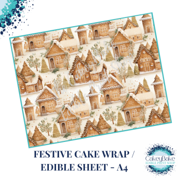 Christmas Festive Edible Cake Wrap - winter gingerbread village design