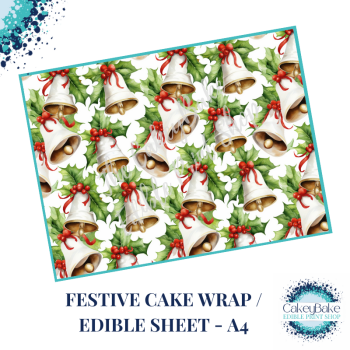 Christmas Festive Edible Cake Wrap - Bells, Holly and Berries design