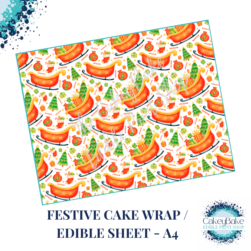 Cute Christmas Edible Cake Wrap - Santa's Sleigh design