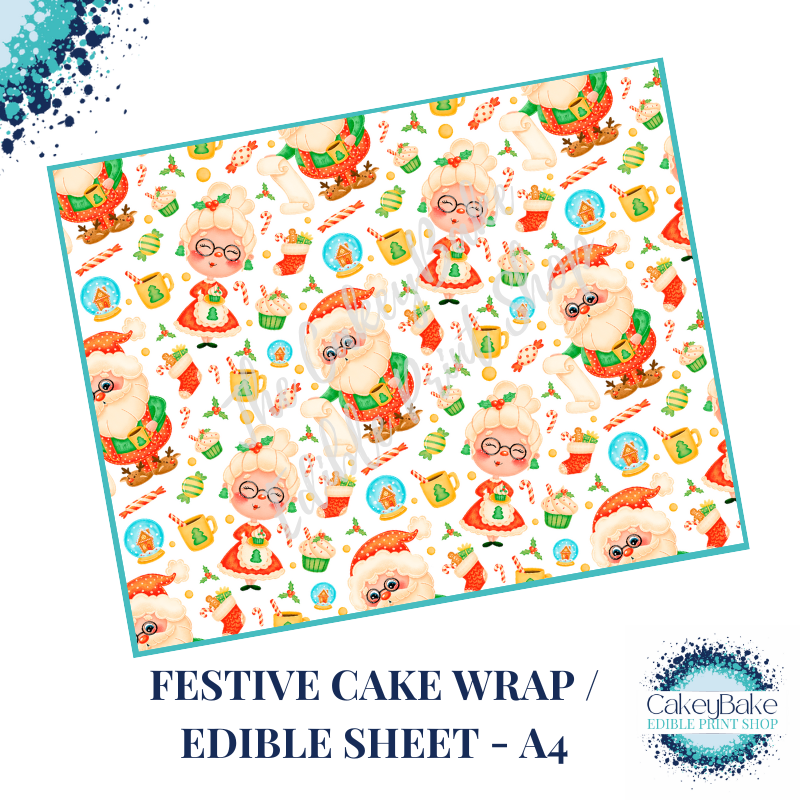 Cute Christmas Edible Cake Wrap - Cute Santa and Mrs Claus design