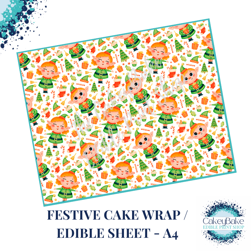 Cute Christmas Edible Cake Wrap - Cute Christmas Elves design