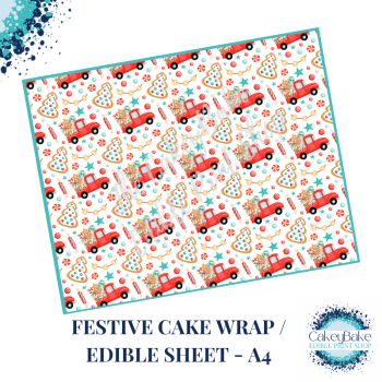 Cute Christmas Edible Cake Wrap - Cute Christmas Truck and Tree design