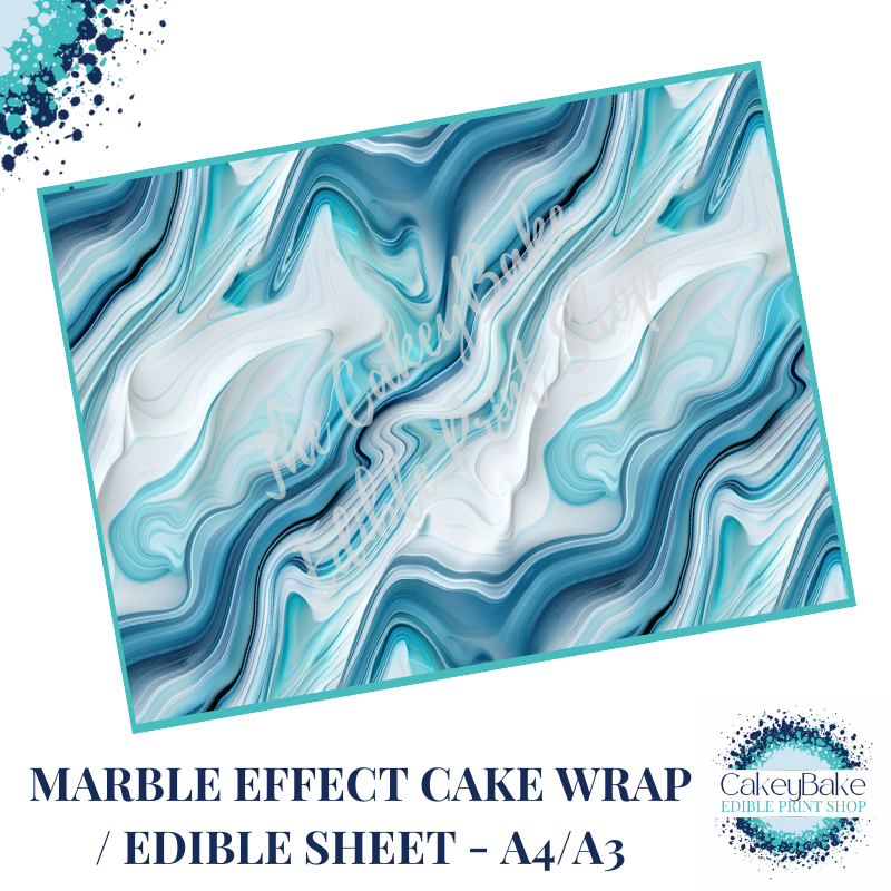 Edible Icing Sheet - Marble Pattern Teal, Blue and White edible sheet