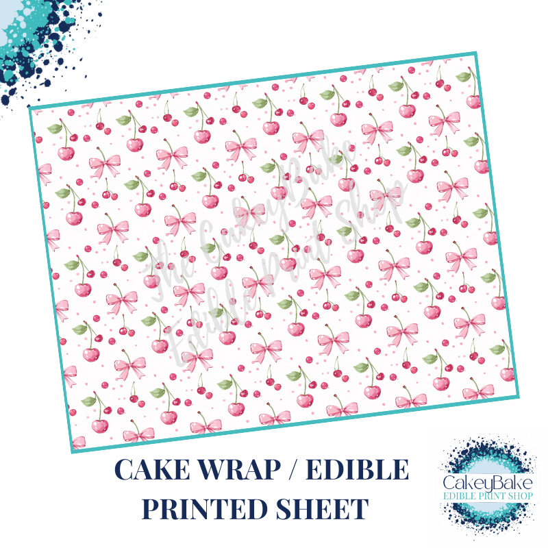 Cherry Edible Printed Sheet - Design 6 - Pink cherries and bows