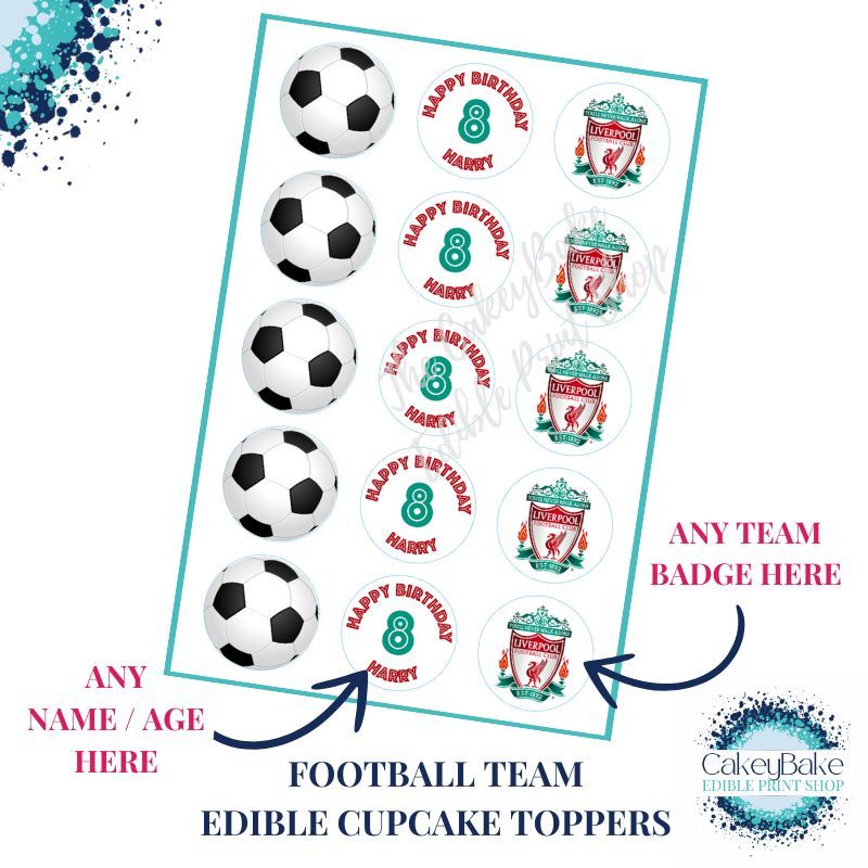 Edible Cupcake Toppers x 15 - Football Team Cupcake Toppers - personalised 