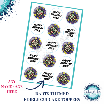 Edible Cupcake Toppers x 15 - Dartboard Darts cupcake toppers with Luke Littler style board, personalised with name of your choice