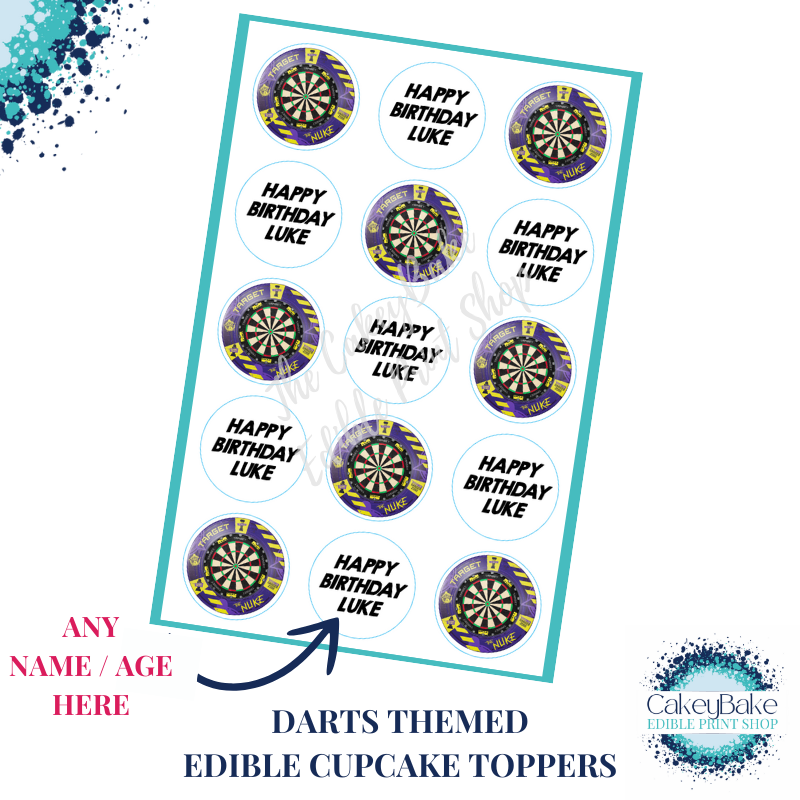 Edible Cupcake Toppers x 15 - Dartboard Darts cupcake toppers with Luke Lit