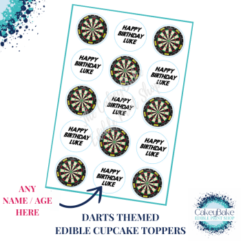 Edible Cupcake Toppers x 15 - Dartboard Darts cupcake toppers,  personalised with name of your choice