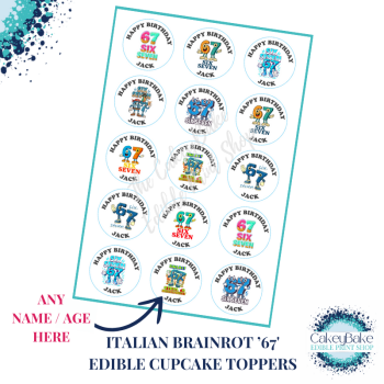 Edible Cupcake Toppers x 15 - Brainrot '67' inspired - personalised with name /age of your choice