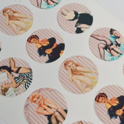 Edible Cupcake Toppers x 12 - Vintage Pin Up Girls - Pinstripe Pink