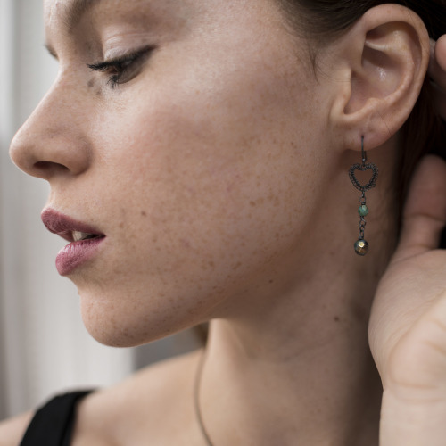 Petite Heart Long Earrings in Oxidised Silver