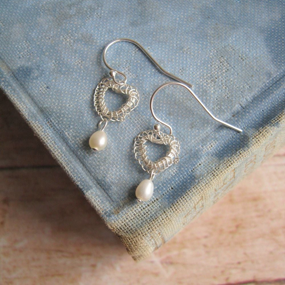 Petite Heart Earrings in Silver with Pearls