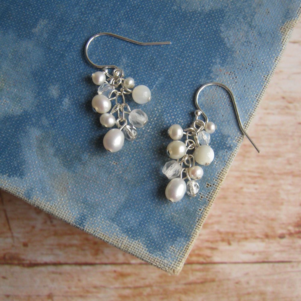 Cluster Earrings in Silver with Pearls