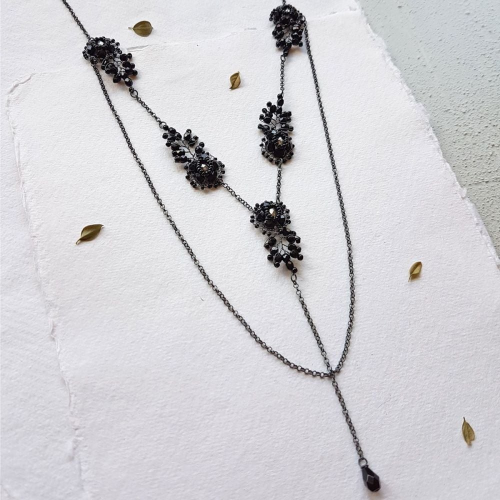 Flower &  Leaf Statement Necklace - Black