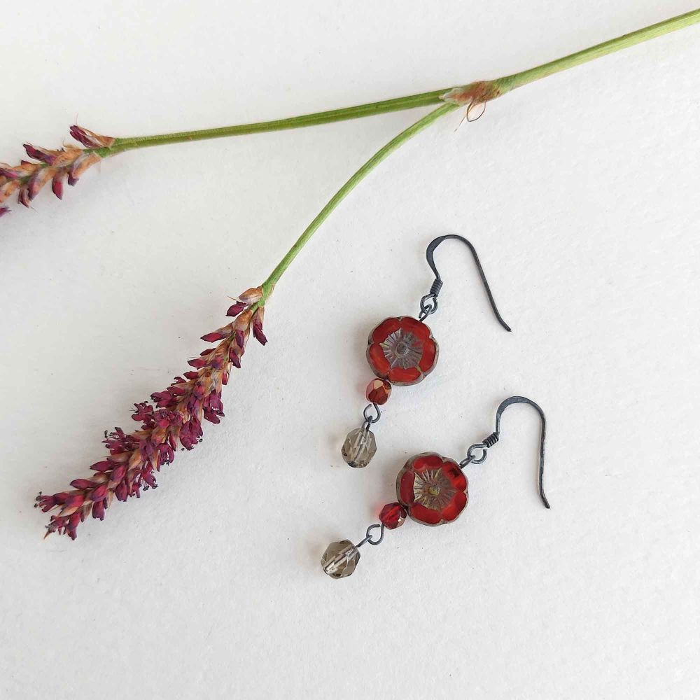 SALE Dark red flower earrings