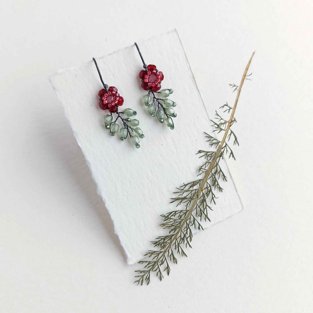 Ready to Ship - Beaded Foliage Earrings - Pomegranate red and fern green