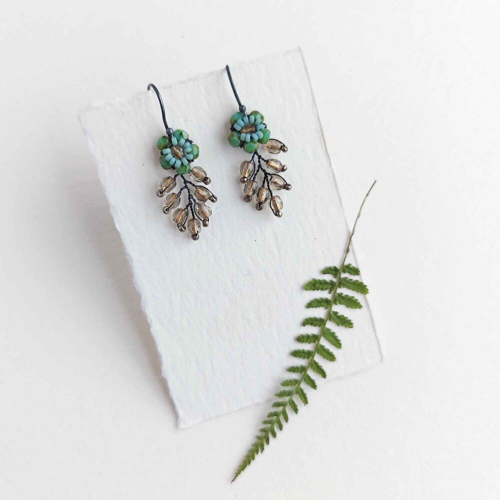 Ready to Ship - Beaded Foliage Earrings - Soft green & old gold