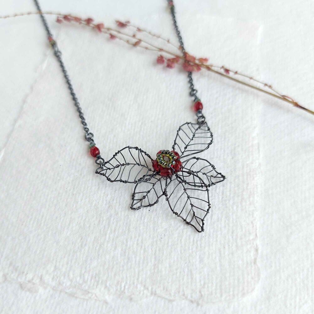 Ready to Ship - Foglia Five Leaf Necklace - red & green