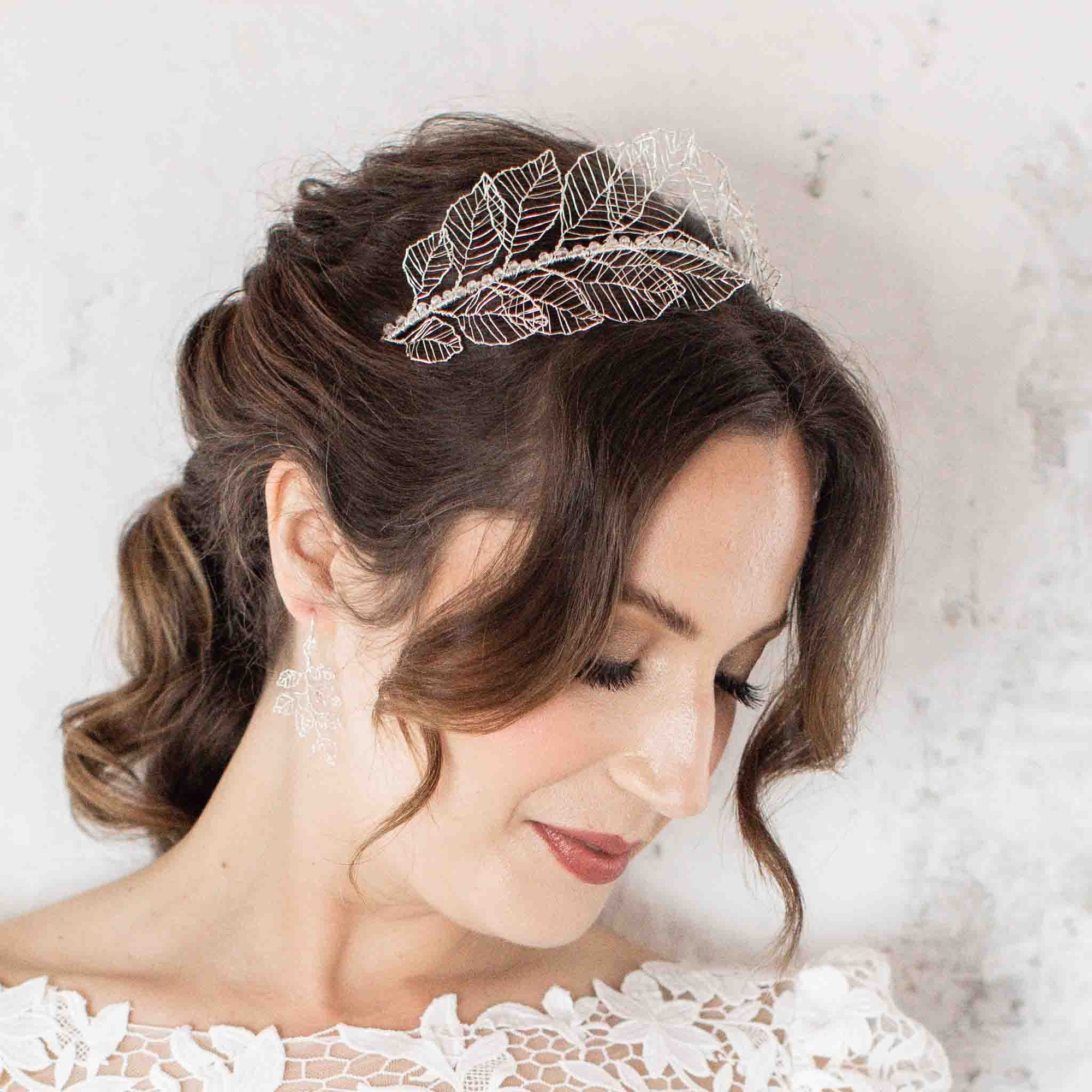 Intricate silver leaf wedding crown handmade by Judith Brown Bridal gift box and handmade wedding accessories