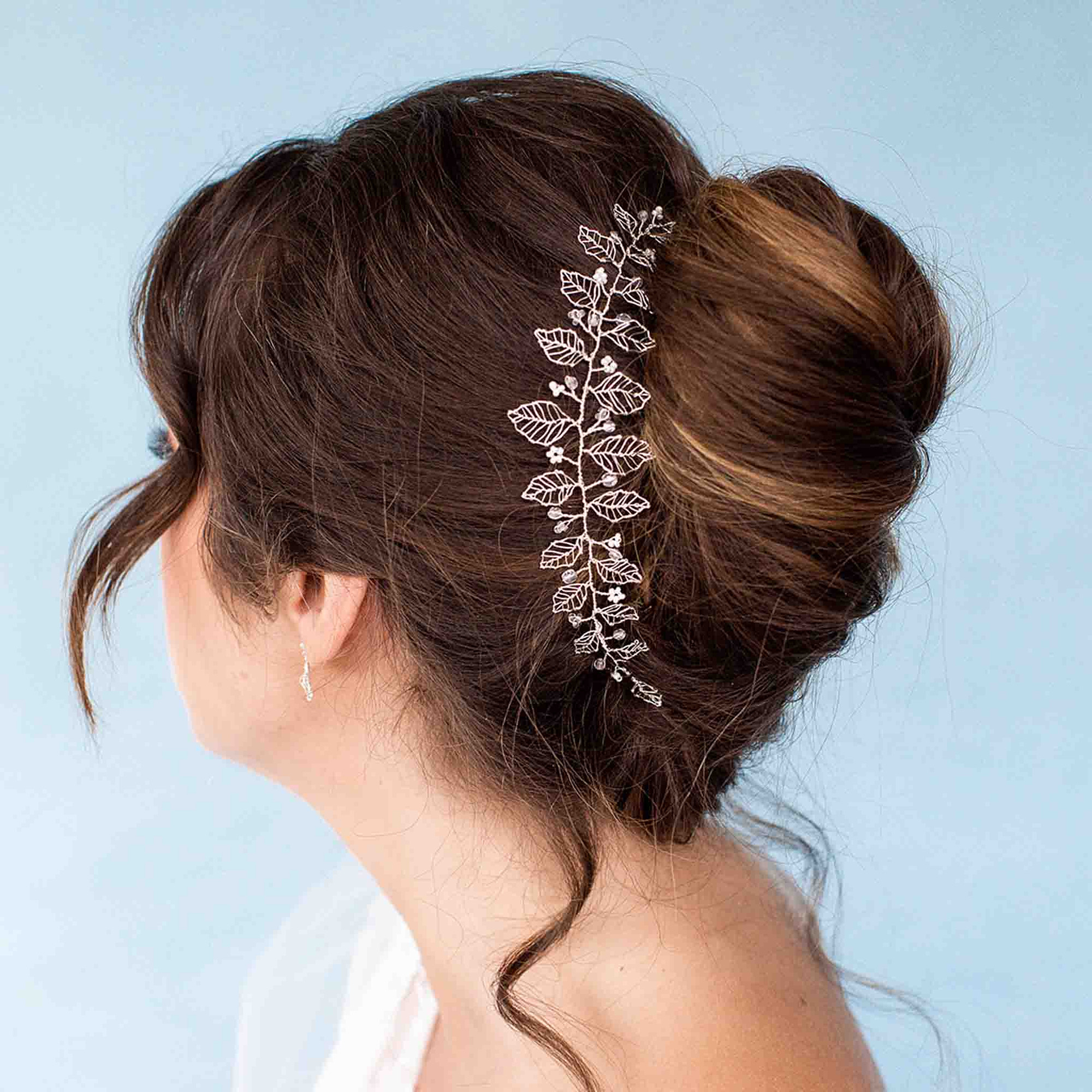 Delicate silver leaf wedding hair vine by Judith Brown Bridal