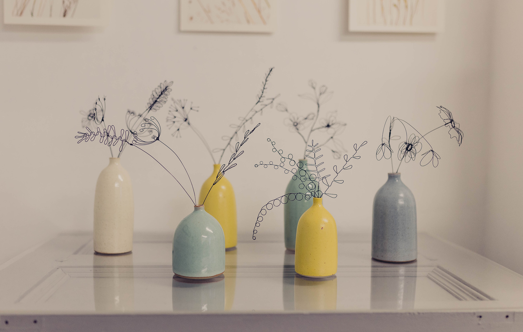 Wire flowers displayed in Judith Brown's studio, Staffordshire