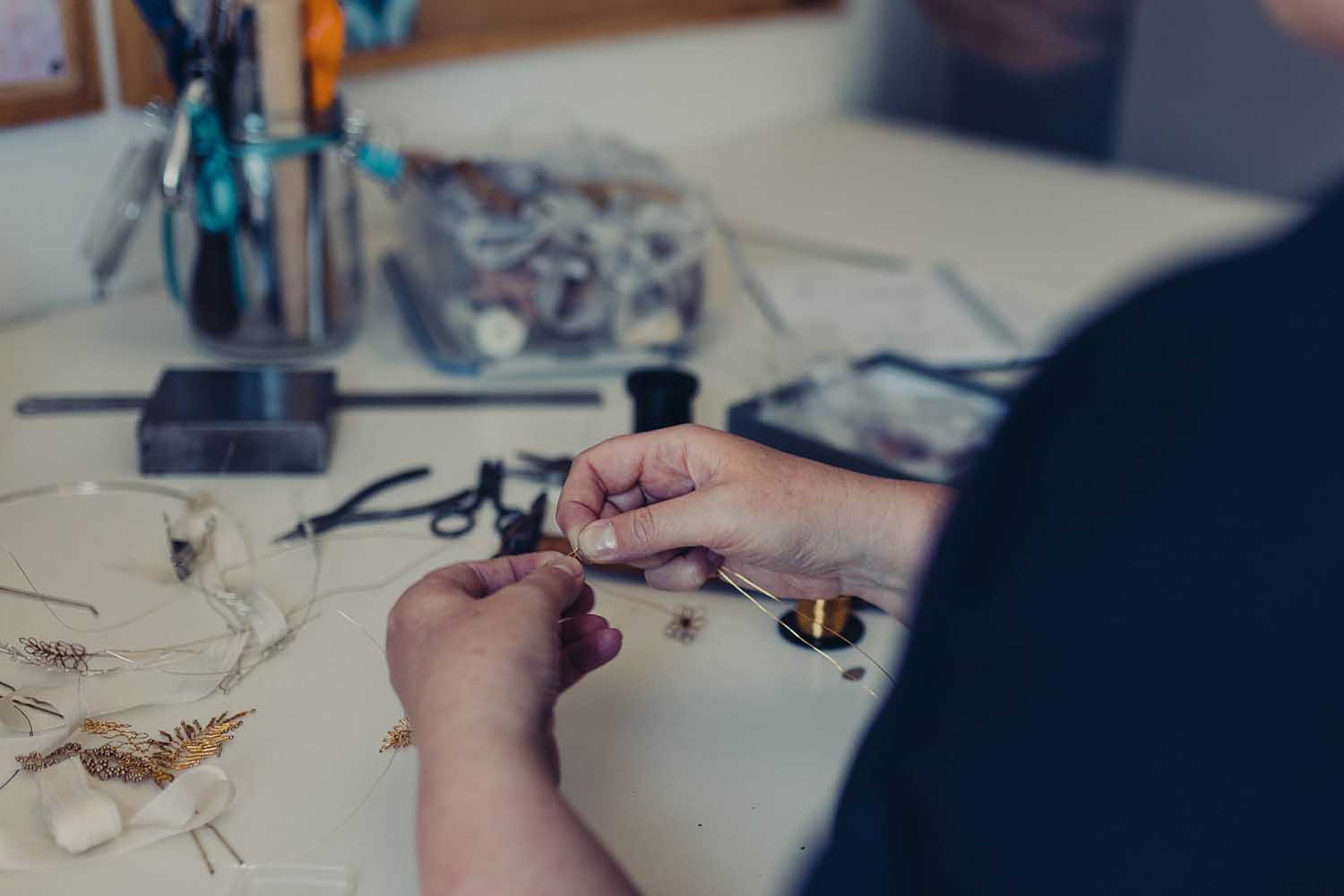 Judith Brown making wedding accessories in her Staffordshire Studio