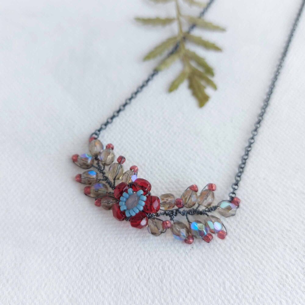 Sale - Beaded Foliage Necklace - aqua and red