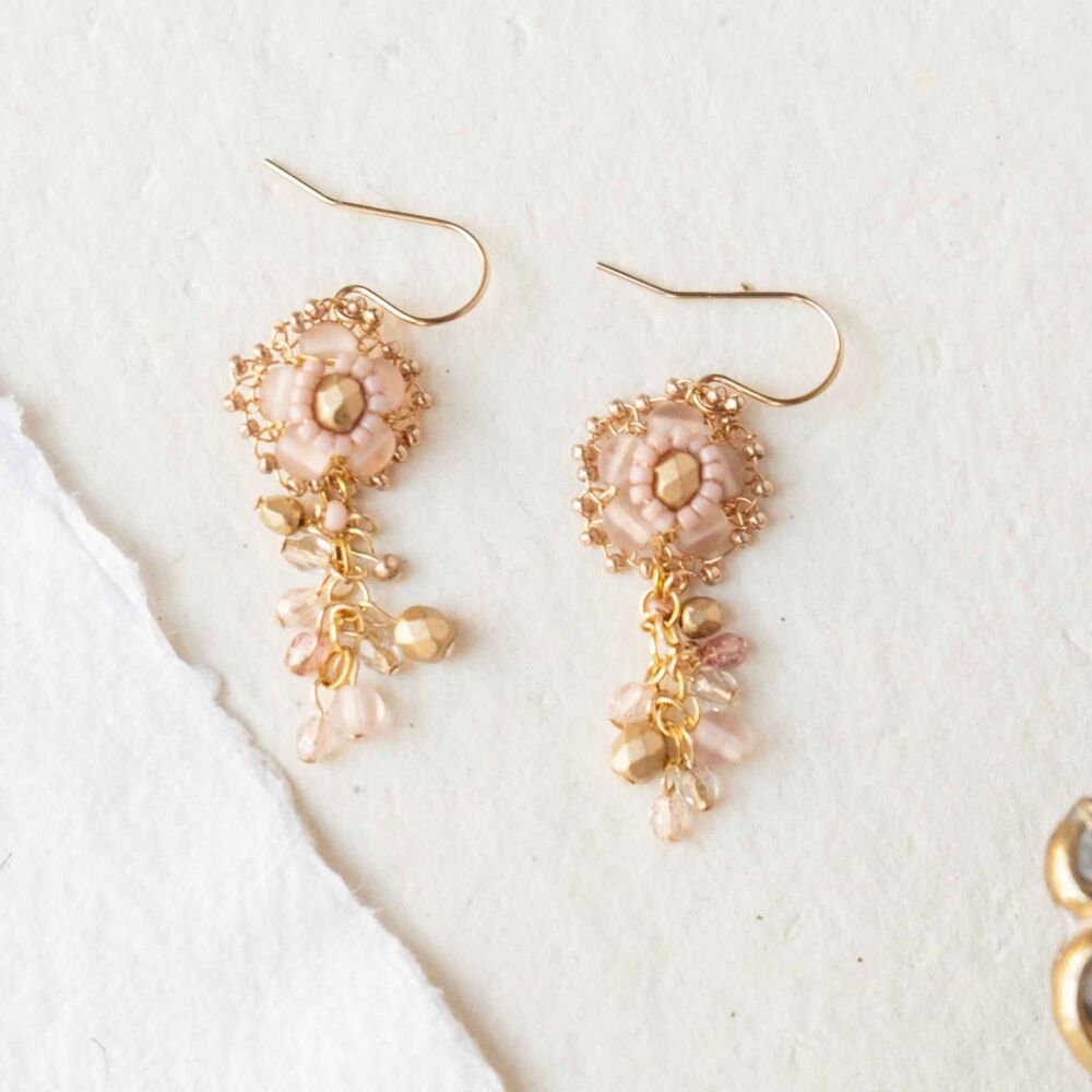 SALE - Pink and gold flower drop earrings