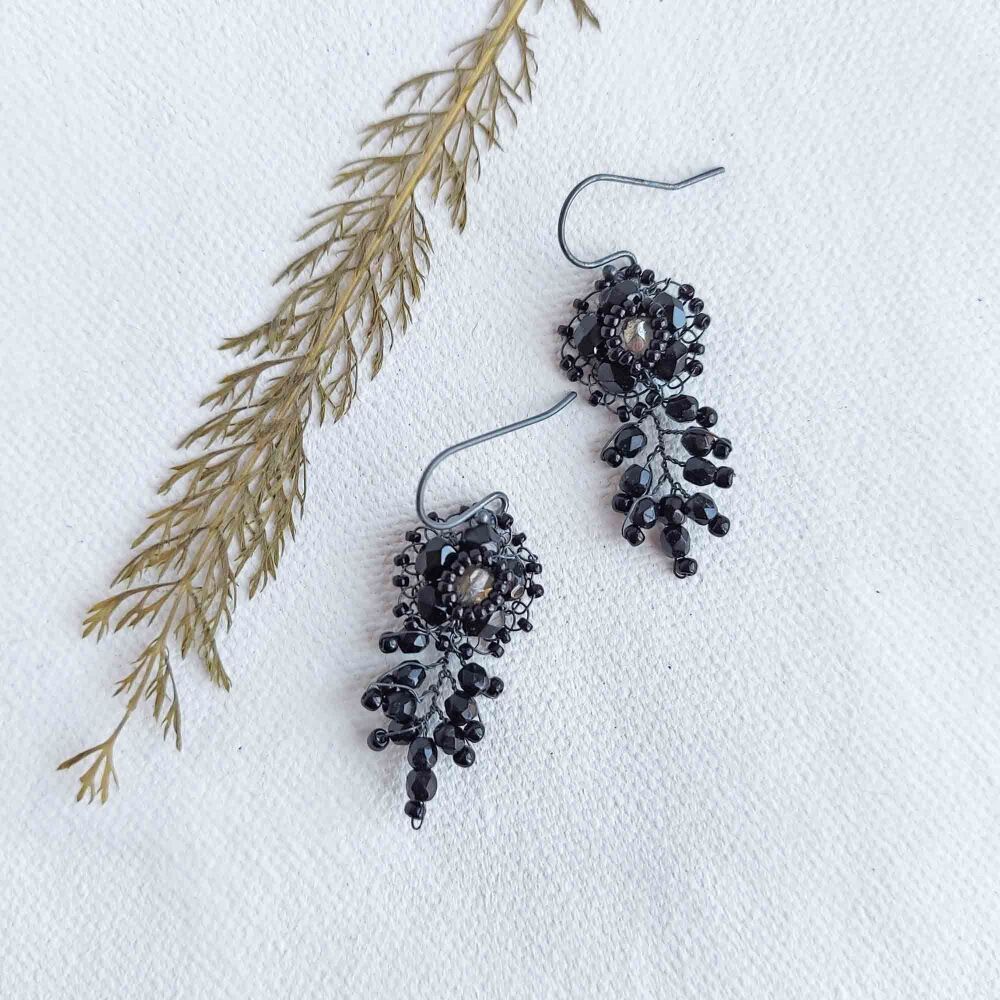 SALE - Black beaded flower earrings