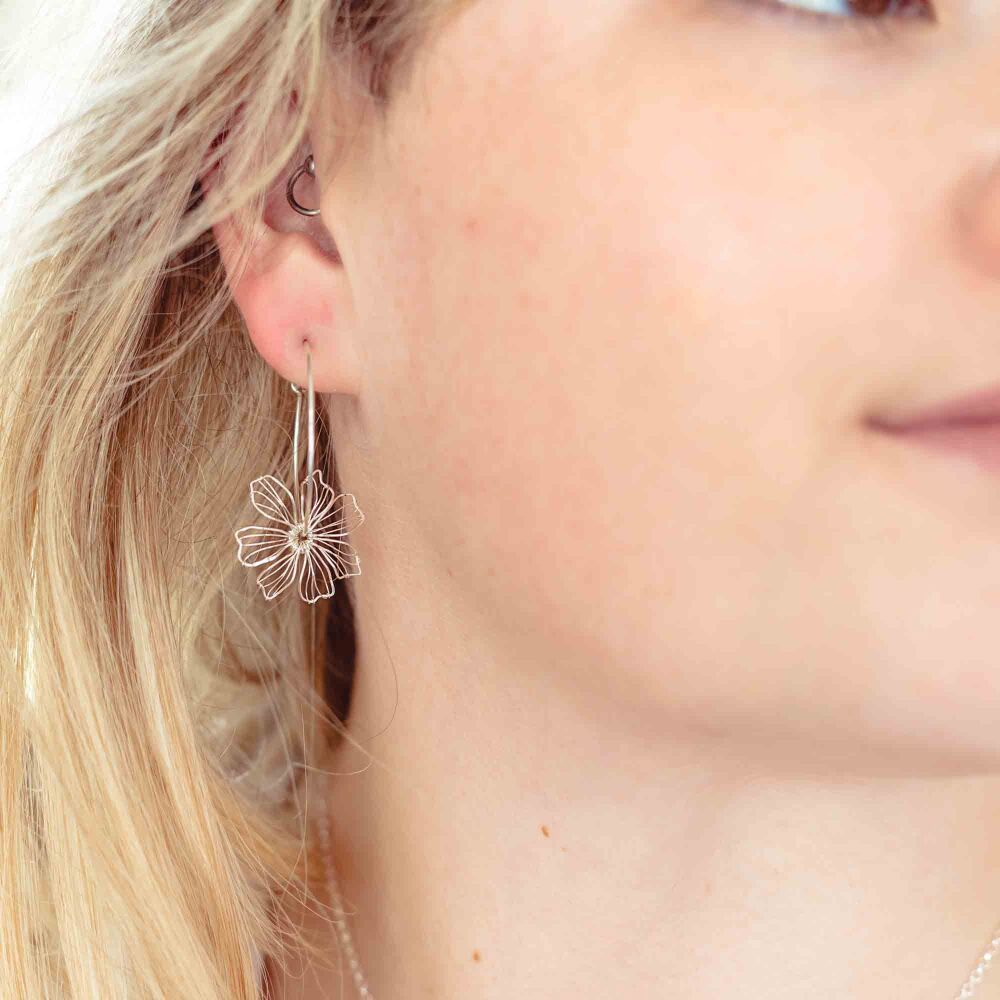 Silver Wire Flower Hoop Large Earrings - More Colours
