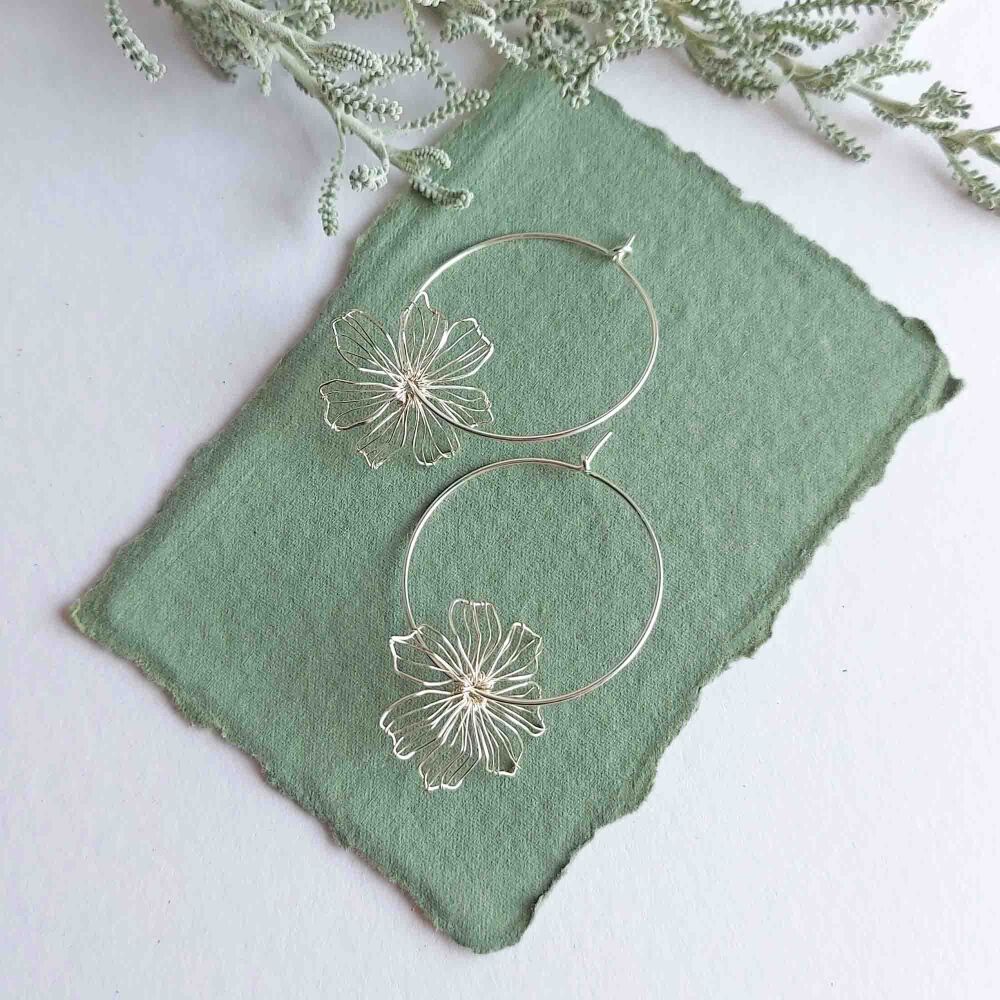 Silver Wire Flower Hoop Large Earrings - More Colours