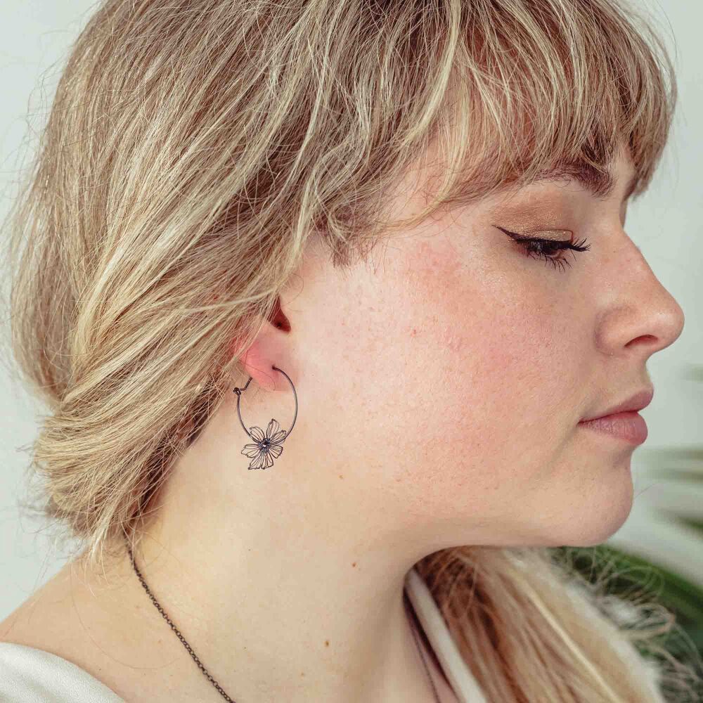 Silver Wire Flower Hoop Small Earrings - More Colours