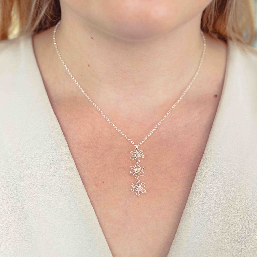 Tiny Silver Flower Triple Pendant - More Colours