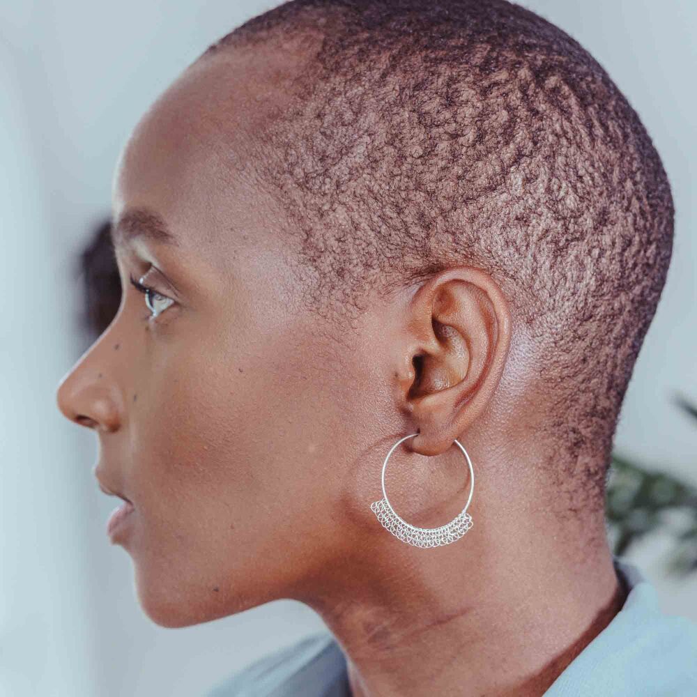 Large Stitched Silver Hoop Earrings