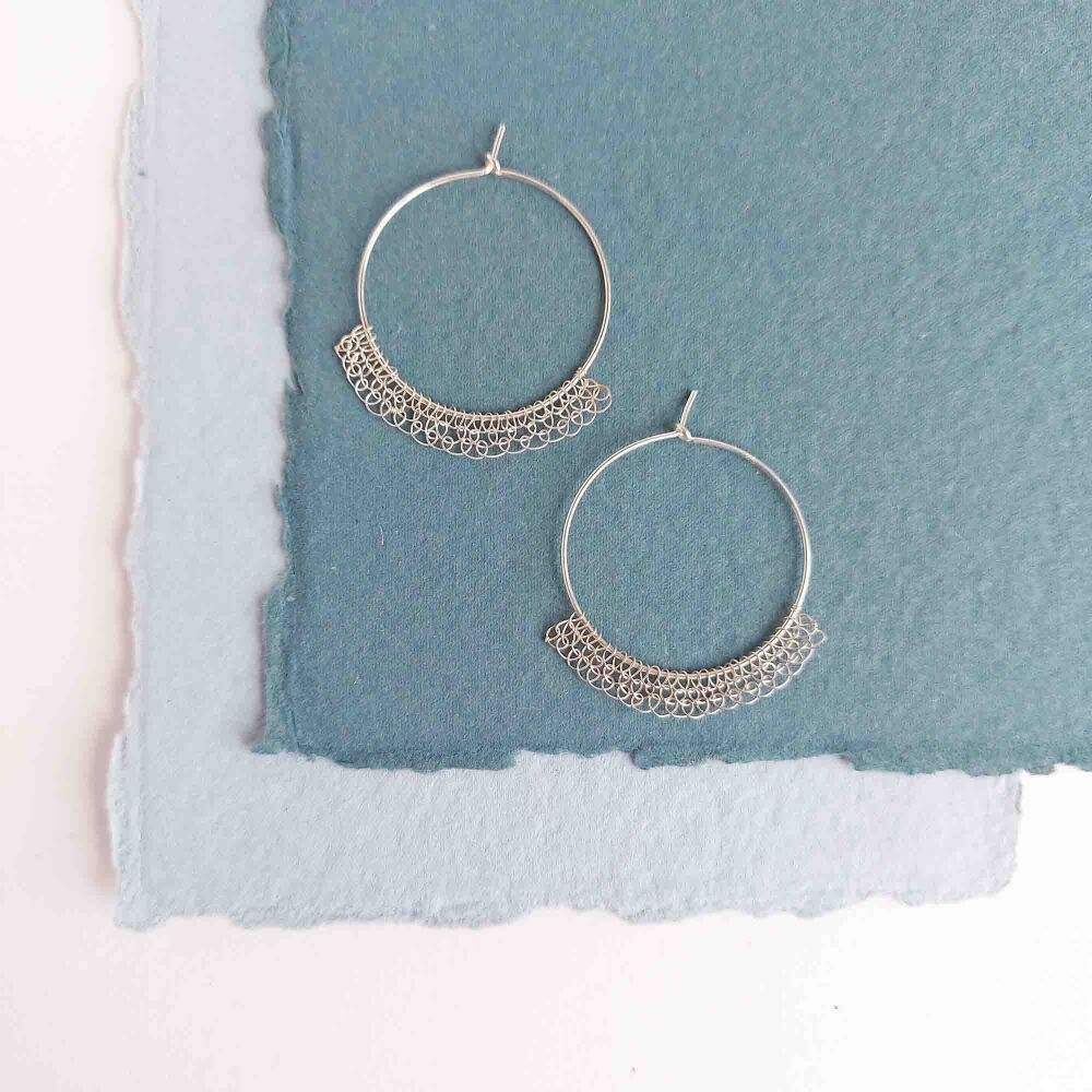 Large Stitched Silver Hoop Earrings