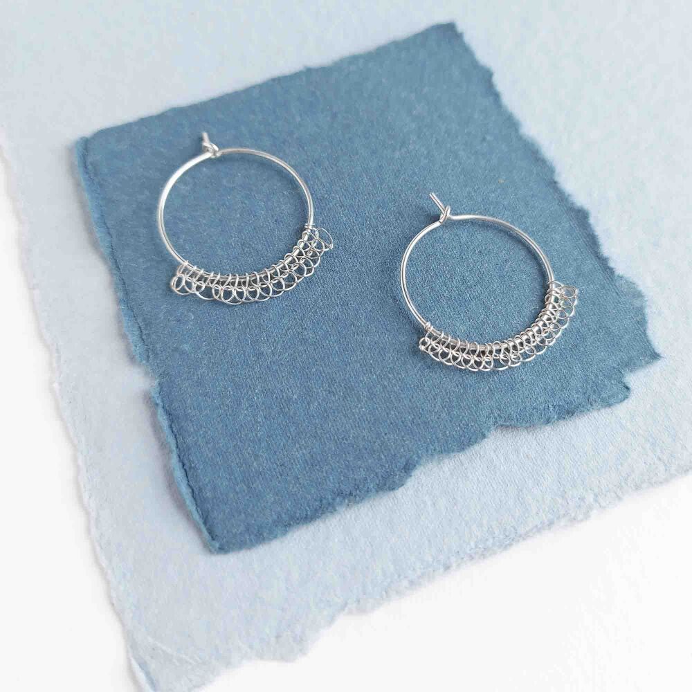 Small Stitched Silver Hoop Earrings