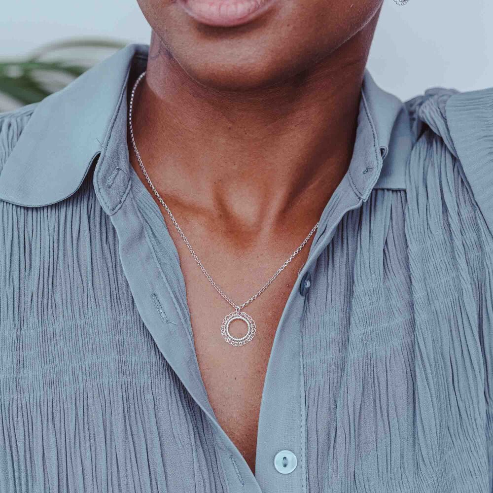 Stitched Silver Circle Pendant