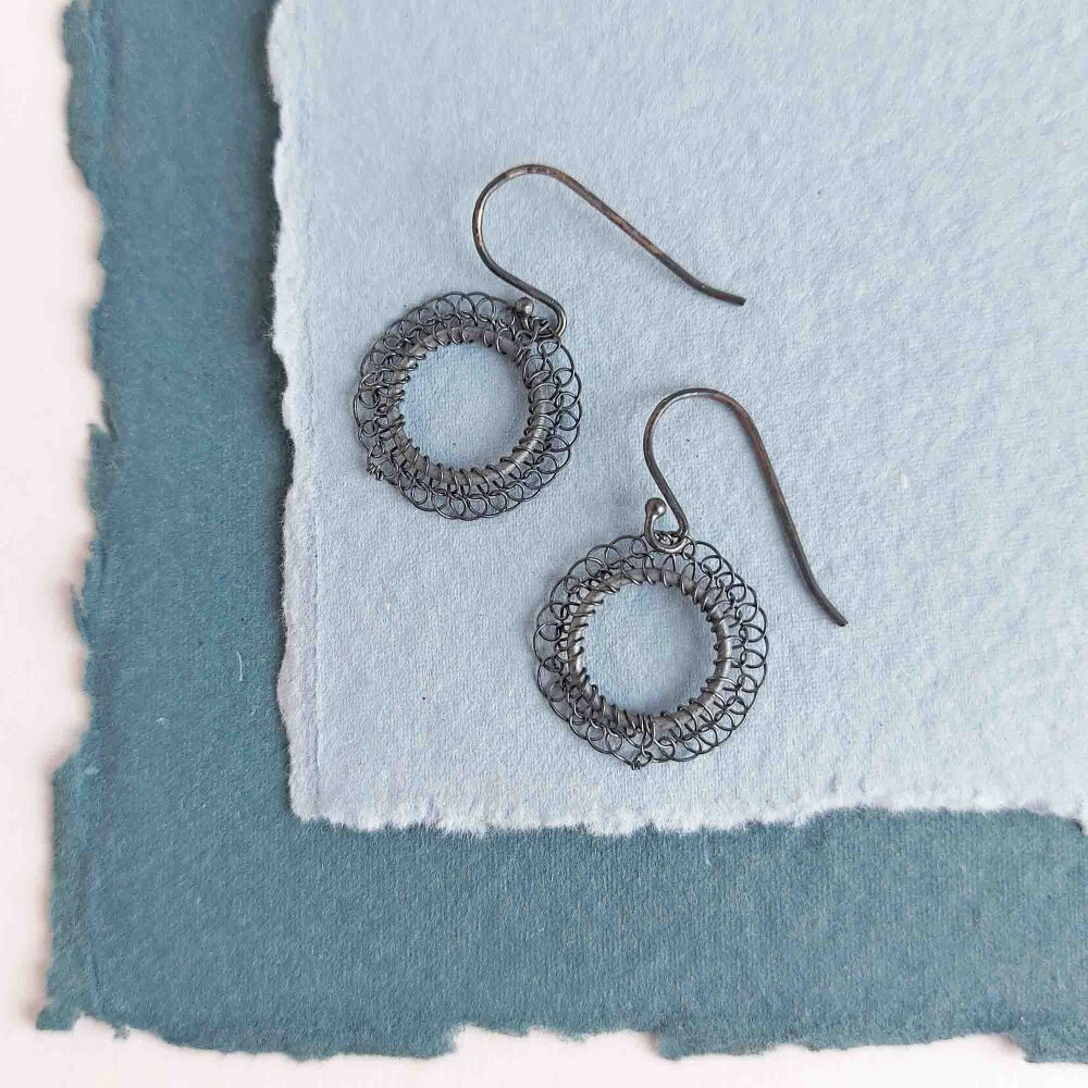 Stitched Silver Circle Earrings