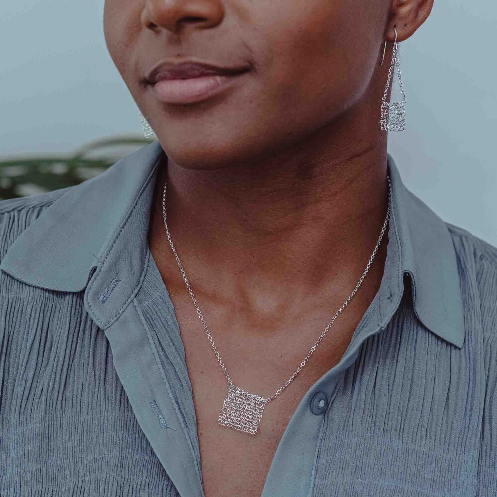 Stitched Silver Square Pendant