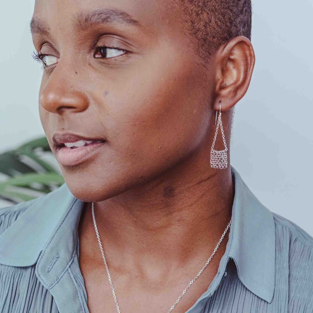 Stitched Silver Square Drop Earrings