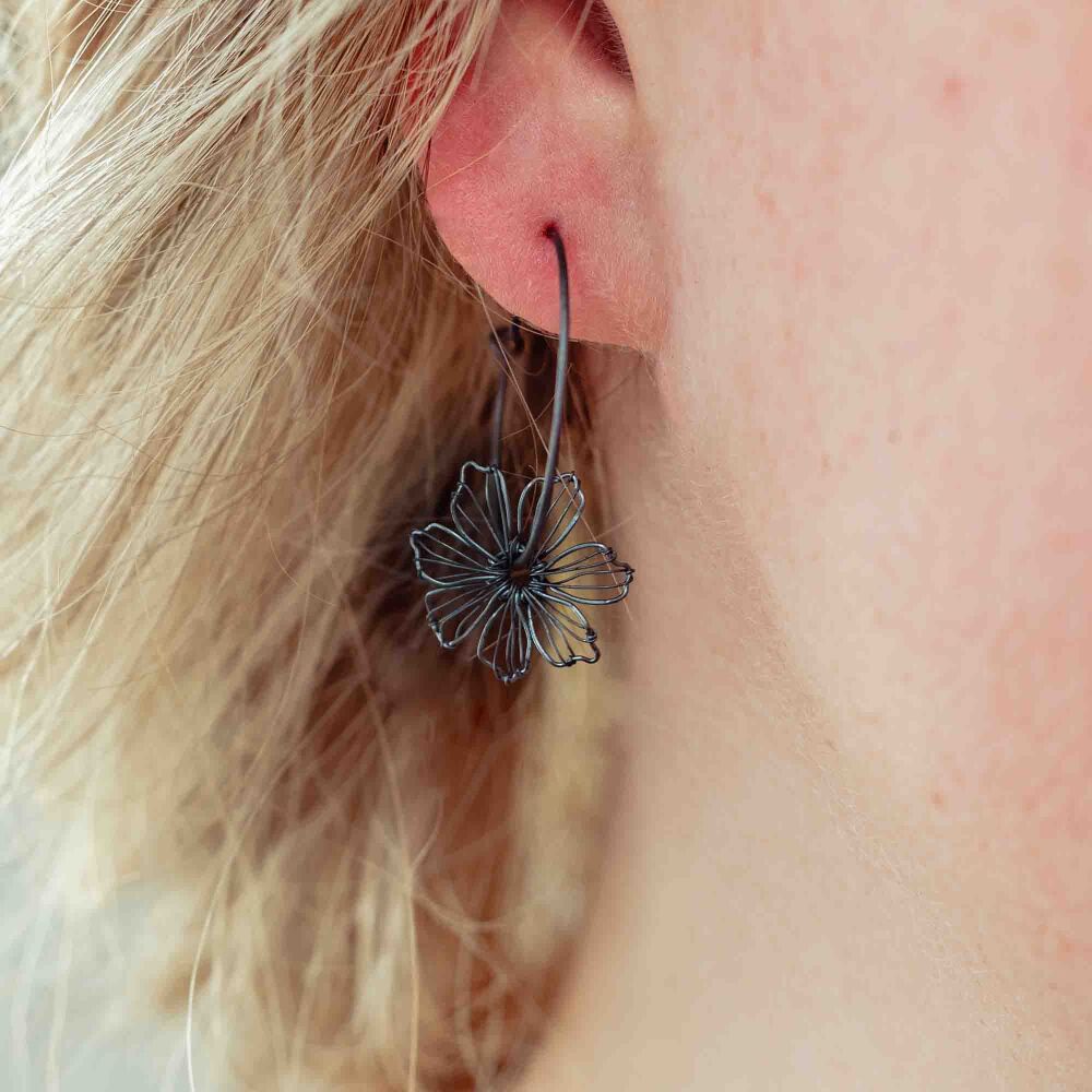 Ready to ship - Oxidised Silver Wire Flower Oxidised Hoop Small Earrings