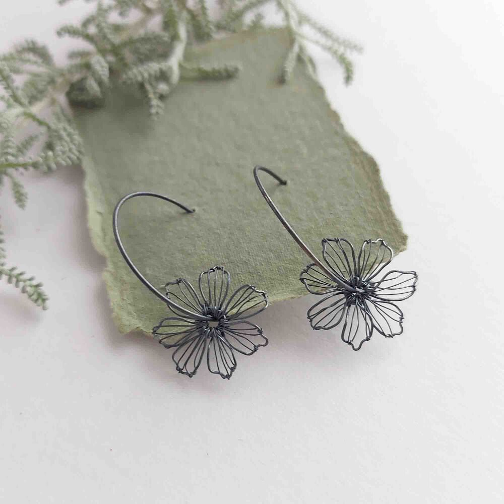 Ready to ship - Oxidised Silver Wire Flower Oxidised Hoop Small Earrings